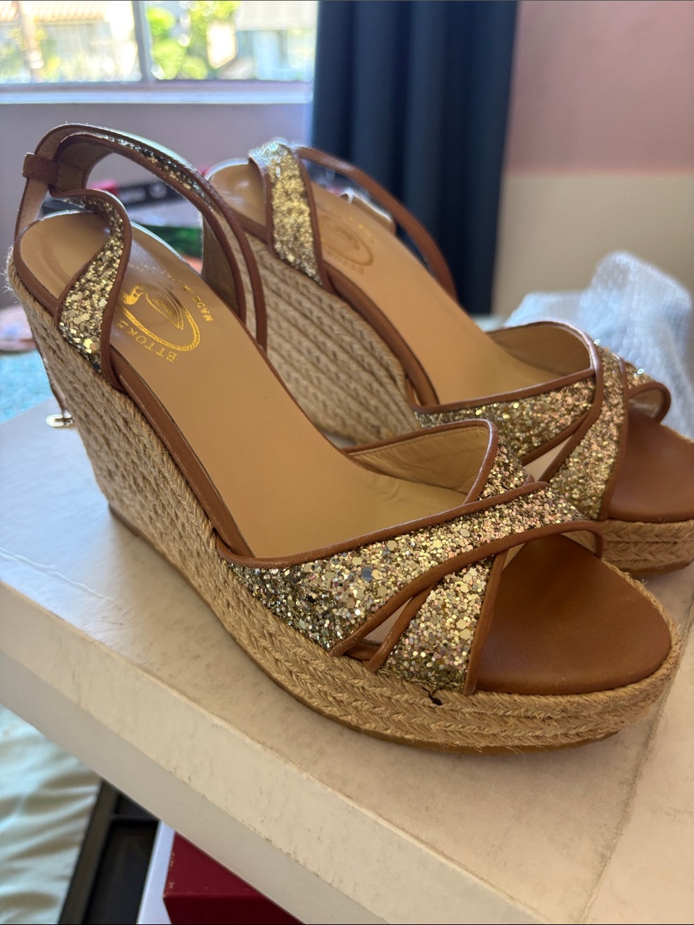 Gold Glitter Jute Wedge Sandals - Women size 7.5